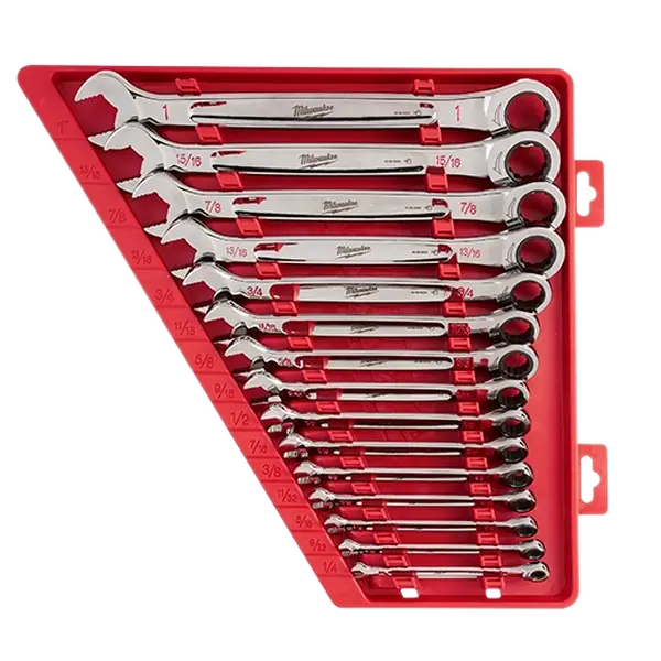 Milwaukee 48-22-9416 15pc Steel Ratcheting Combination Wrench Set - SAE, I-Beam Design, Max Bite™, for Mechanics, Tight Spaces