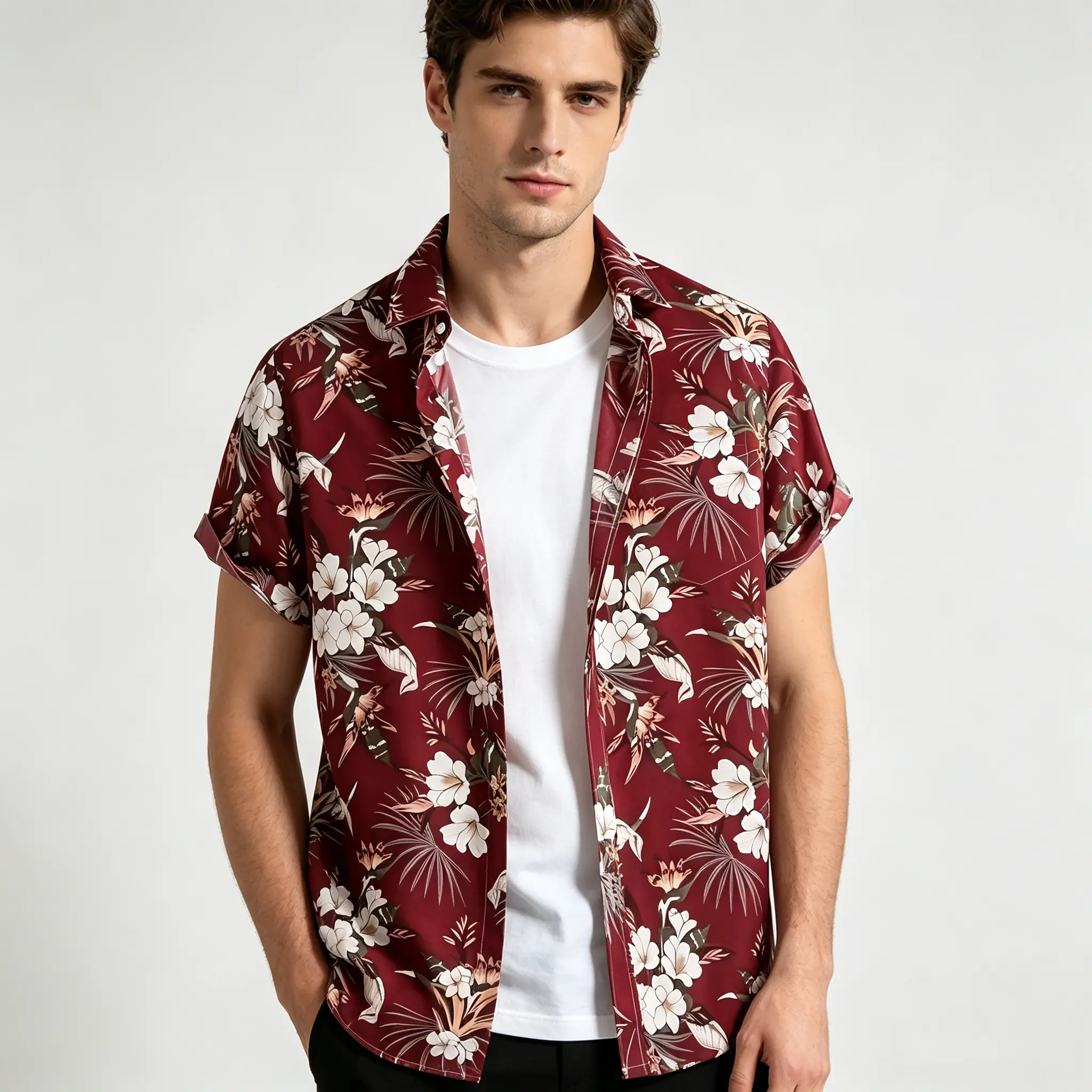 New Summer Fashion Men'S Digital Print Casual Loose Short-Sleeve Shirt Hawaiian Style for Cross-Border Trade Plus Size