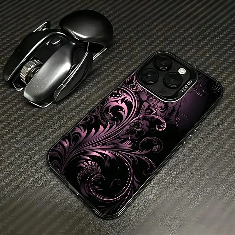 Purple Floral Swirl Holo Frame Phone Case Gothic Baroque Vine Graphic 2D Print Silver Matte Mirror Cover for iPhone 11-17 Pro Max