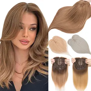Hair Topper 14inch Hair Toppers For Women With Thinning Hair 6"X6" Big Mesh Base Lightweight Synthetic Upgrade Middle Part Clip In Bangs Topper Hair Pieces For Women Fiber Wiglets With Fringe Straight Hair Topper Brown Gradient