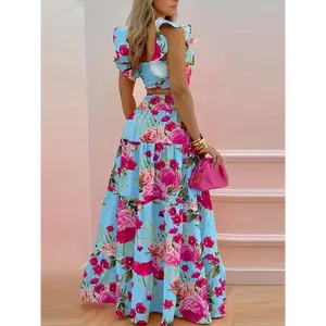 2025Vacation Style Floral Print Two-Piece Set for Women - Ruffle Trim Crop Top & High Waist Swing Skirt Outfits, Summer Vacation, Bohemian Womenswear Clothes Suits Gamis Boho Fitted Sleeveless
