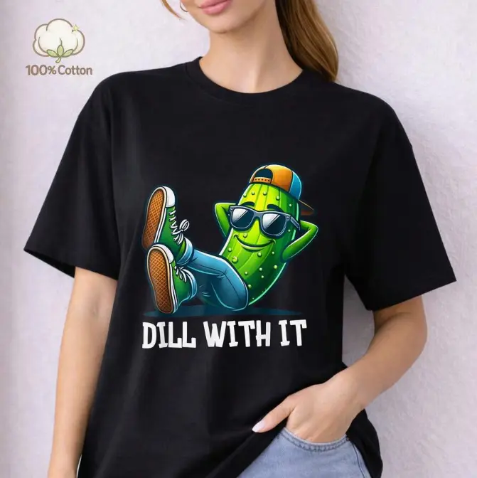 Dill With It Cool Cartoon Pickle Graphic Womens Tee Daily Shopping Outdoor Travel Friends Casual Gathering Summer Cotton Short Sleeve Heat Transfer Tshirt