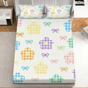3Pcs Gingham Bow Floral Fitted Sheet Three Piece Set (1*Fitted Sheet+2*Pillowcases, Coreless), Spring theme, Decorative Pattern Bedding Set, Mattress protector Soft, Breathable