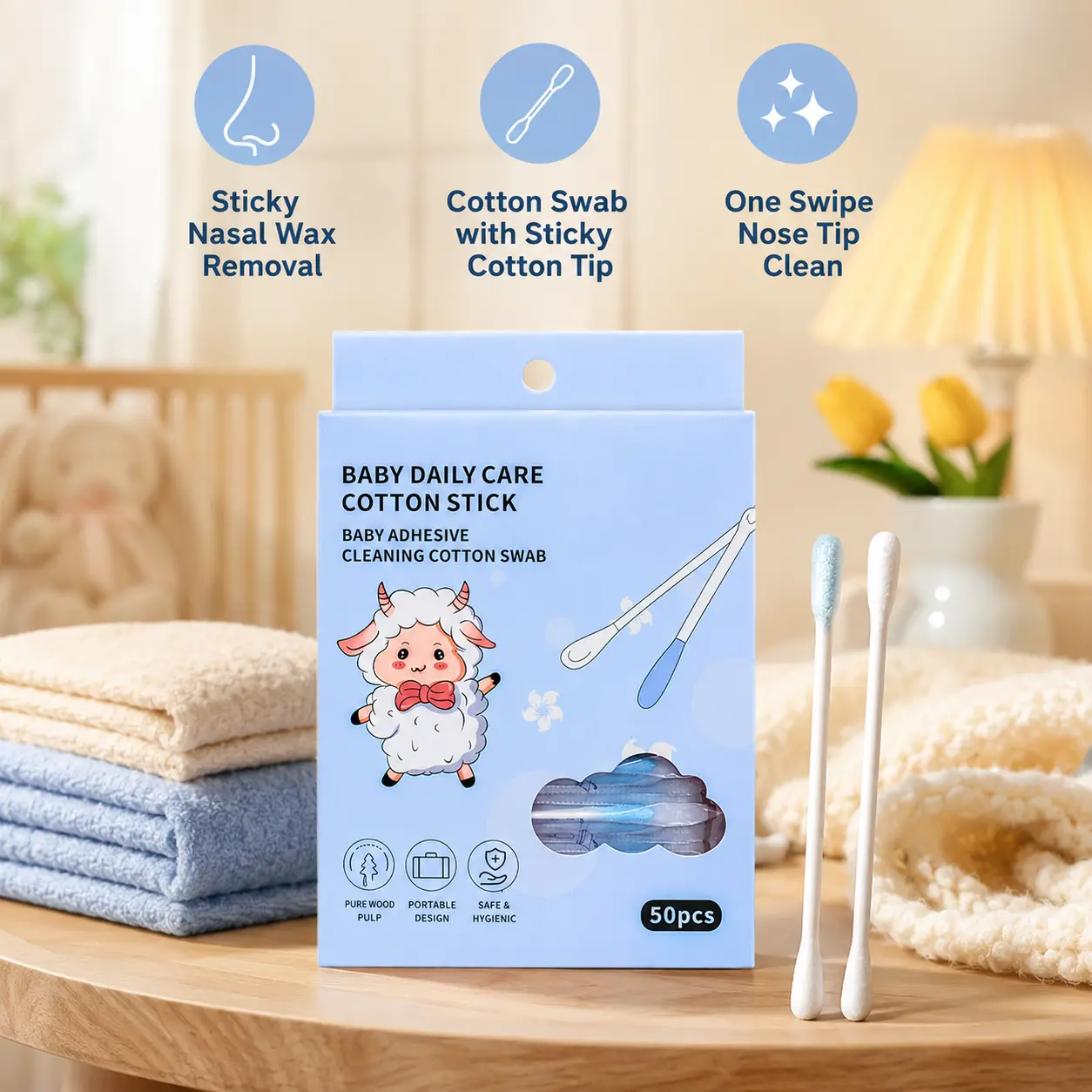 Baby Cotton Pulp Sticks - 50 Individually Wrapped, 3mm Multi-Applicator Tips, Safe & Hygienic Cleansing Sticks for Daily Household Use & Outings, Travel-Size for Infants