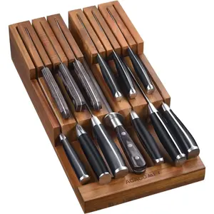 In-Drawer Knife Block Acacia Wood Kitchen Knife Drawer Organizer Knife Holder without Knives For Up to 12 Knives Steak and Chef Knives