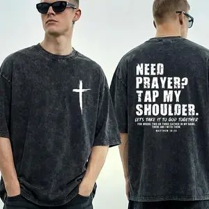 "Need Prayer? Tap My Shoulder" Cross Print Washed Black Tee Shirt Classic