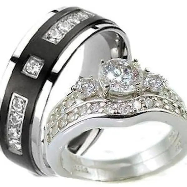 Adults' 3-Piece Vintage-Style His & Hers Wedding Engagement Ring Set, Crafted from Sterling Silver & Titanium