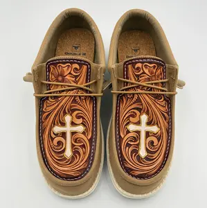 Double R Western Tooled Leather Shoes (Khaki - Cross)