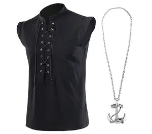 OEBLD Mens Medieval Renaissance Pirate Costume Sleeveless Lace-up Stand Collar Shirt Gothic Viking Steampunk Top Tunic