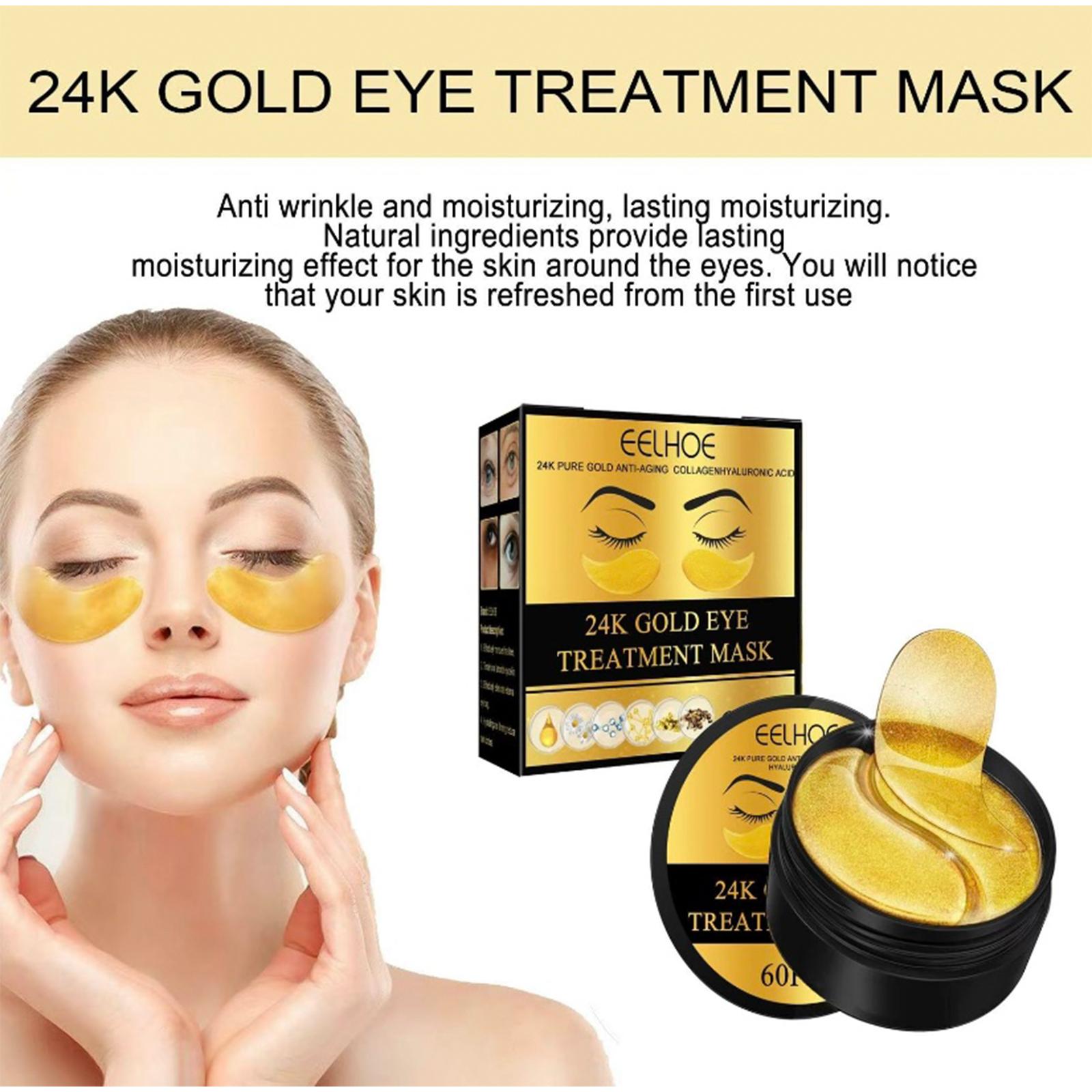 EELHOE 60PCS, 24K Gold Eye Patches for Puffy Eyes Treatment, Eye Masks for Dark Circles and Puffiness, Non-lrritating Eye Mask Skincare, Eyes Bags Treatment, Eye Gel Pads 24 k