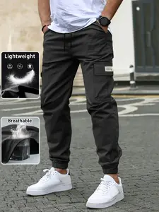 Men’s cargo pants, 1-pack, lightweight and breathable, drawstring waist with flap pockets, solid color, stylish and versatile casual trousers suitable for everyday wear and outdoor sports/hiking