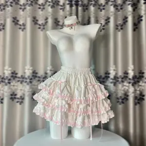 Summer Kawaii Pink White Lolita Skirt Women Sweet Fluffy Cake Mini Skirt Fashion Lace Ruffled A-Line Skirt Cute Girly Outfit
