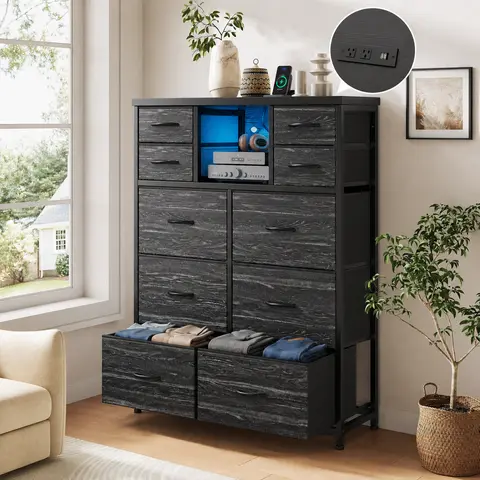 【Stock Up】Raybee Lightweight 10 Fabric Drawers Dresser for Bedroom with Charging Station,Storage Drawers,Sturdy Frame TV Stand & Closet Storage Organizer for Living Room,Apartment Furniture for Baby room,Nursery, Easy assembly, Armario de almacenamiento