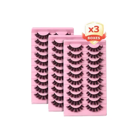 30 Pairs Ultra-Soft Cat Eye Synthetic Hair Lash Strips Box Set with Adhesives for Adults, 12mm 5D Thick Curly D-Curl Cross Dramatic Lashes, Eye End Elongated Mixed Styles, Lightweight Non-Irritating Makeup Products (3 Boxes, Longer Looking Eyelashes)