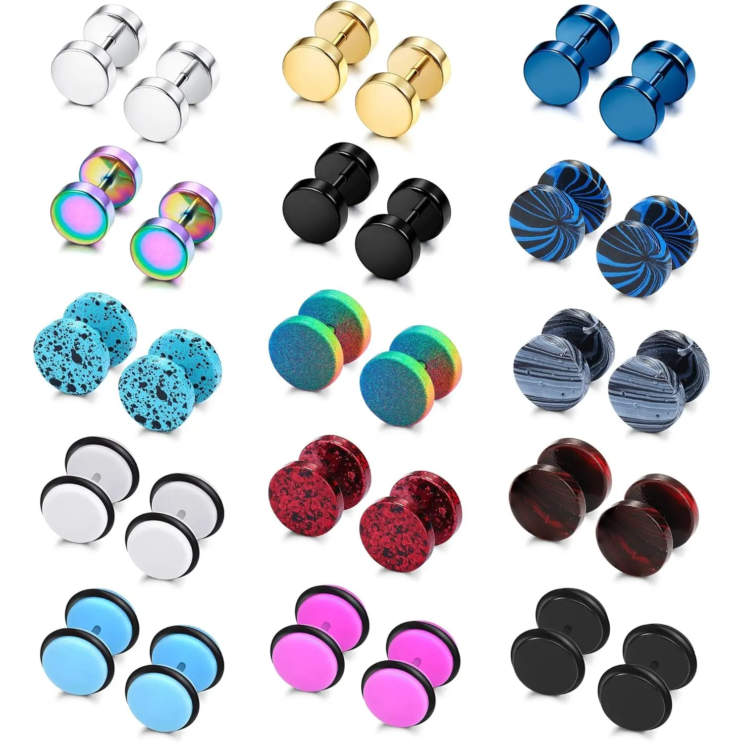 MILACOLATO 15 Pairs Mens Stud Earrings Set Stainless Steel Ear Piercing Faux Cheater Illusion Plugs Tunnel Flat Back Stud Earrings Fake Gauges Earrings for Men Women, Earring Stacking Set, Non Piercing Earrings summerwins