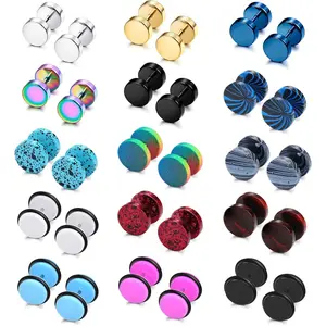 MILACOLATO 15 Pairs Mens Stud Earrings Set Stainless Steel Ear Piercing Faux Cheater Illusion Plugs Tunnel Flat Back Stud Earrings Fake Gauges Earrings for Men Women