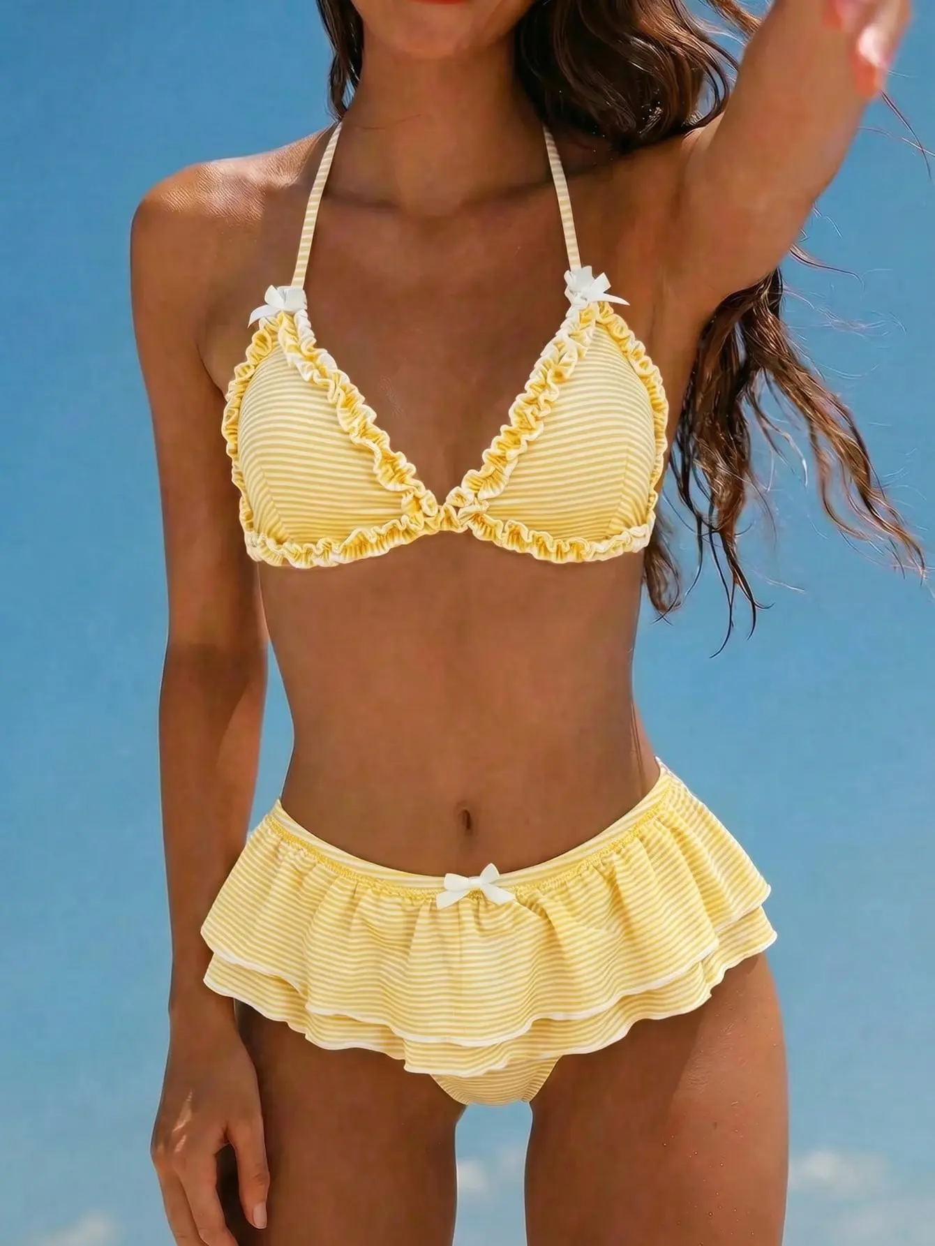 LEDORA Women's Beach Holiday Striped Fabric Sweet Ruffle Bow Decor Halter Tie Bikini Set 2 Piece Swimwear