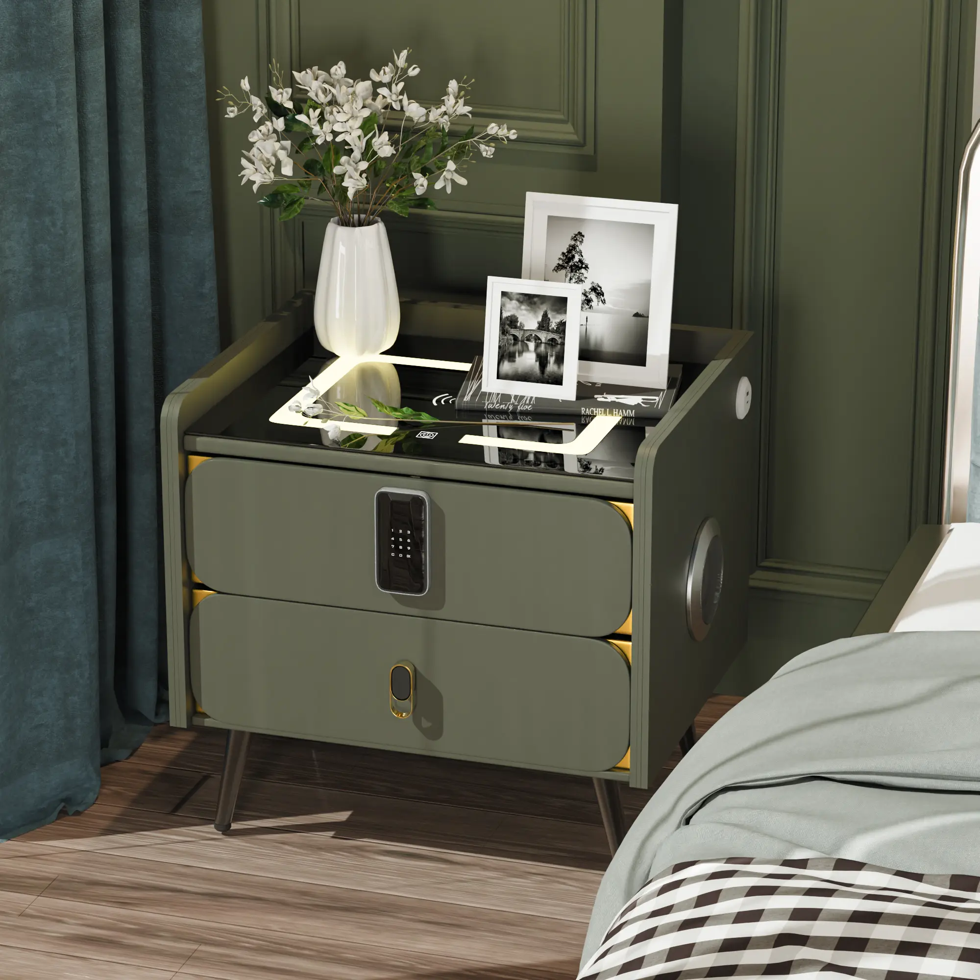 Oak Solid Wood Smart Bedroom Bedside Table - 2 Drawers, Digital Lock Safe Box, Wireless Charging, USB Bluetooth Speaker, 3-Color LED Light, Dark Green Faux Leather