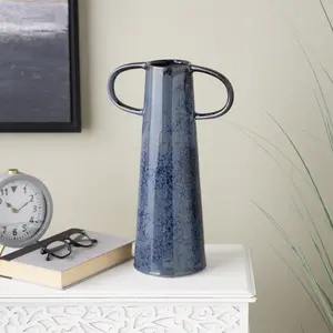 Dark Blue Ceramic Textured Cone Decorative Vase with Curved Handles