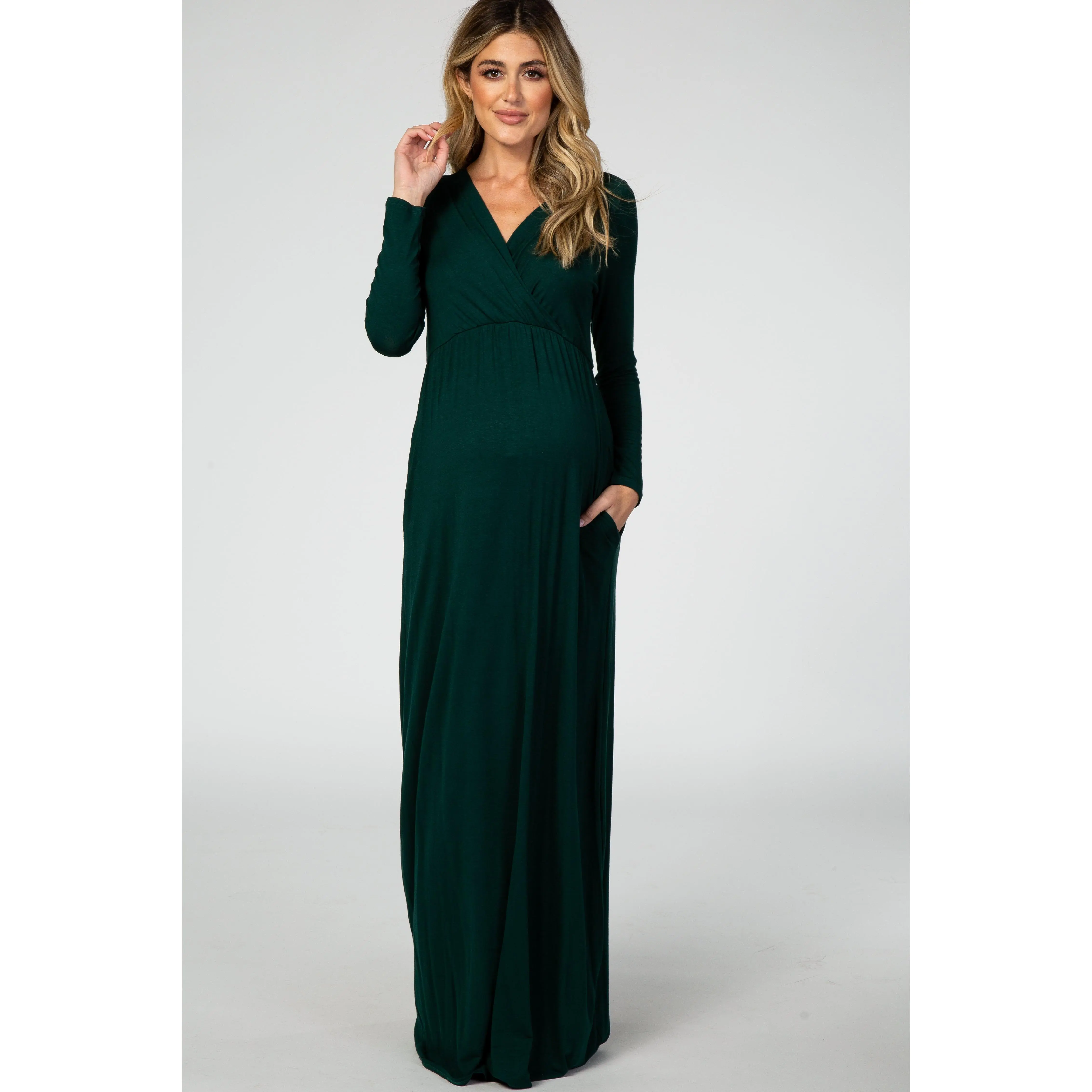 Green Maternity Nursing Maxi Dress, Stretchy Long Sleeve Gown with Pockets for Baby Shower, Nursing Maternity Clothing & Accessories, Maternity Photoshoot, Breastfeeding Maternity Clothing & Accessories