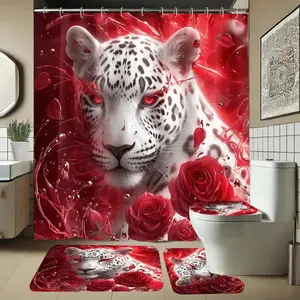 Rose Leopard Print Bathroom Set, Includes Soft Shower Curtain, Mat, Toilet Seat Cover, Elegant Decor, 1/4 Piece Bath Ensemble, Shower Curtain Sets