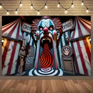 1pc 2D Flat Haunted Circus Party Banner Spooky Clown Entrance Decoration with Menacing Red Eyes Bold CIRCUS Sign Durable Polyester Horror Decor Featuring Axe & Skull for Halloween Birthday Circus Themed Parties Indoor Ornaments