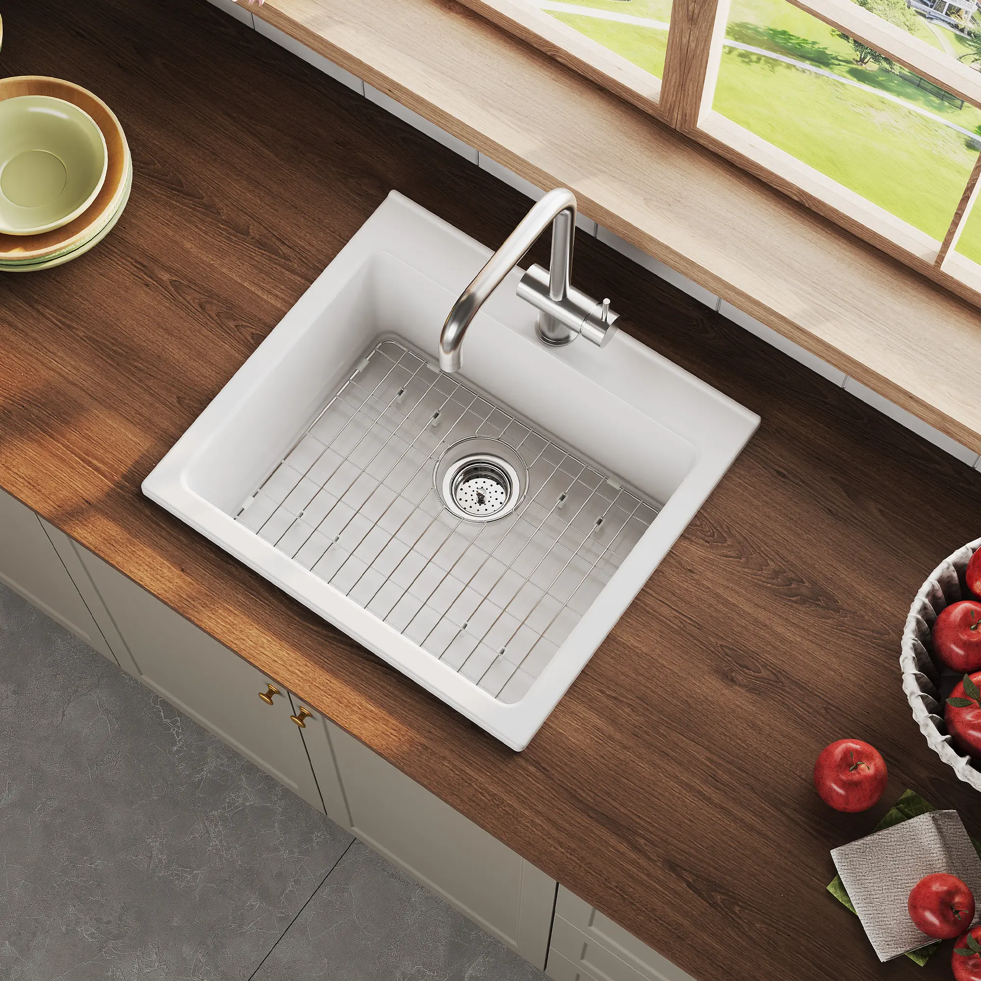 Modern 24-Inch White Fireclay Farmhouse Kitchen Sink | Deep Single Bowl Apron Front Ceramic Sink Set with Bottom Grid & Strainer