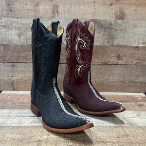 Men's Cowboy Western Rodeo Genuine Cowhide Leather Pointed Toe Boot with Stingray-Print Embossed Pattern Est.097 puntal