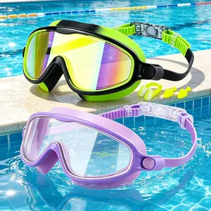 【Summervibes】 Swim Goggles with Nose Clip & Ear Plugs, UV Protection Anti-Fog Wide View Anti-Shattered Lens, Suitable for Kids, Youth and Adults, Waterproof Clear Vision Goggles for Lake Beach Summer Swimming