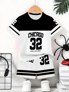 Boys Fashion 3D Print Casual Set Short Sleeve Shorts T-Shirt, Sporty Set, Outdoor Sports Wear, Fitted Geometric Pattern, Perfect for Outdoor Activities