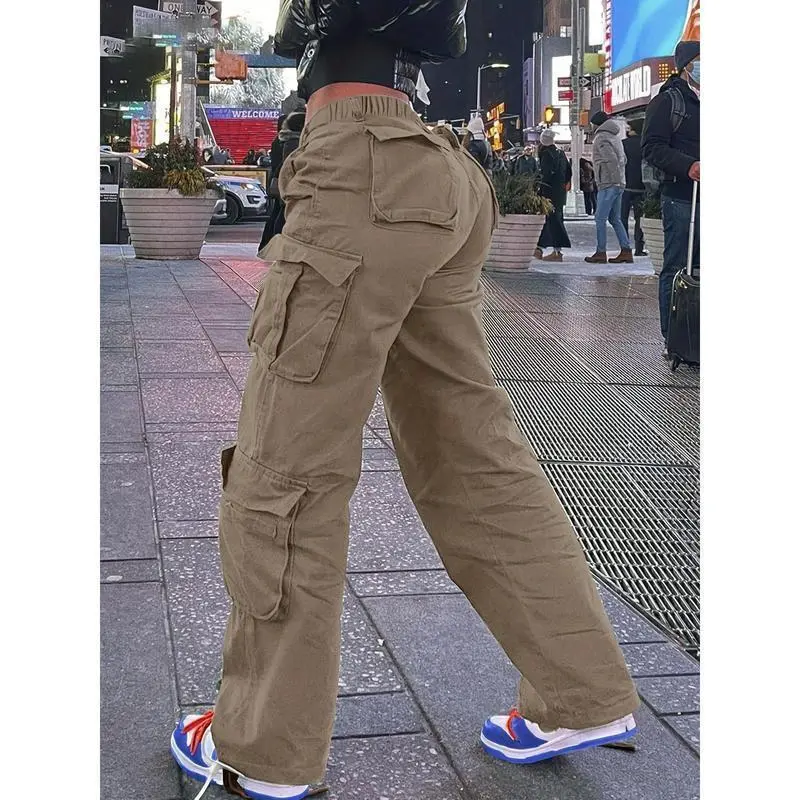 Women's High-Waisted Olive Green Cargo Jeans - Vintage Korean Style, Stretch Wide-Leg Jeans with Pocket, Casual Streetwear, Plus Size Jeans