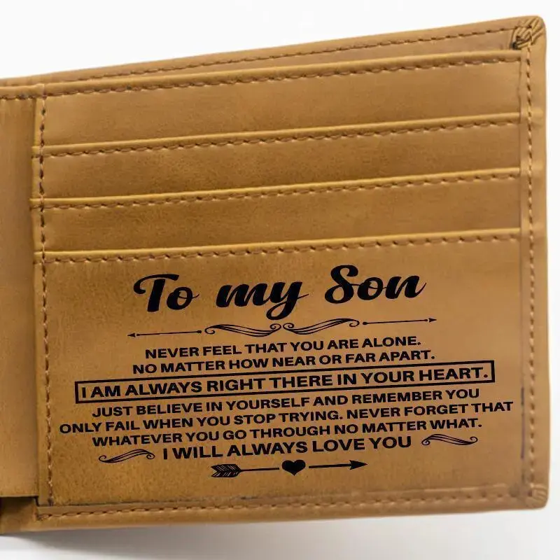 Engraved Bi-Fold Leather Wallet, Slim RFID-Protected Card Holder With Heartfelt Message, Thoughtful Personalized Gift For A Son From Parents