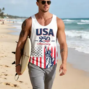 Men's Patriotic Flag Pattern Sleeveless Tank Top - 250th Anniversary 1776-2026, Casual Menswear, Round Neck, Sporty Fitted Design, Ideal for 4th of July Gifts, Gym Workout Use
