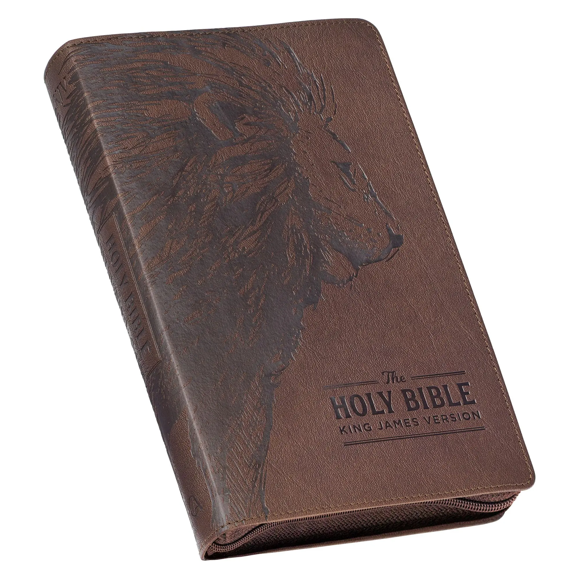 KJV Holy Bible, Standard Size Faux Leather Red Letter Edition - Thumb Index & Ribbon Marker, King James Version, Brown Lion Zipper Closure -- Christian Art Gifts - Bible