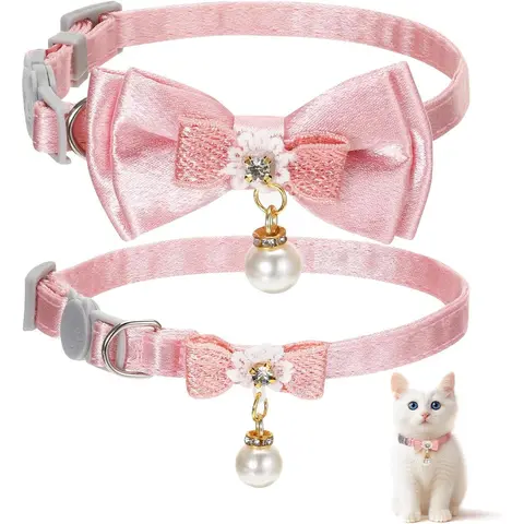2pcs Polyester Breakaway Safety Cat Collars with Leash, Charming Pink Bow Charm, Festivals & Photos Use, Soft Fur-Friendly, Lightweight Comfortable Fit, Girl Cat Accessories (Style 1) fabric tie adjustable universal harness, Quick-release Buckle