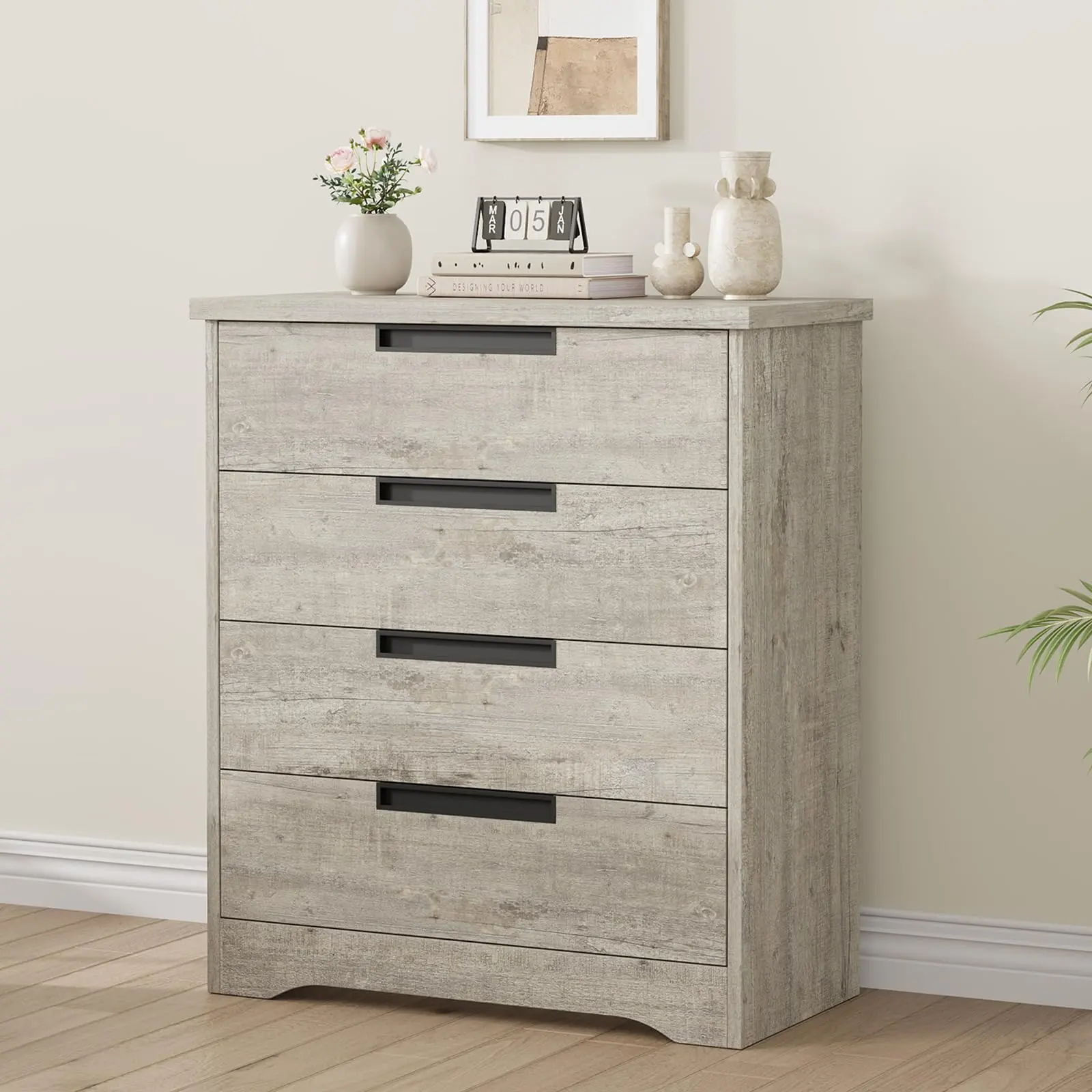 Modern 4-Drawer Reinforced Wood Storage Unit with Flush Handles & Smooth Glides, Freestanding Wooden Drawer Chest Organizer for Bedroom, Living Room