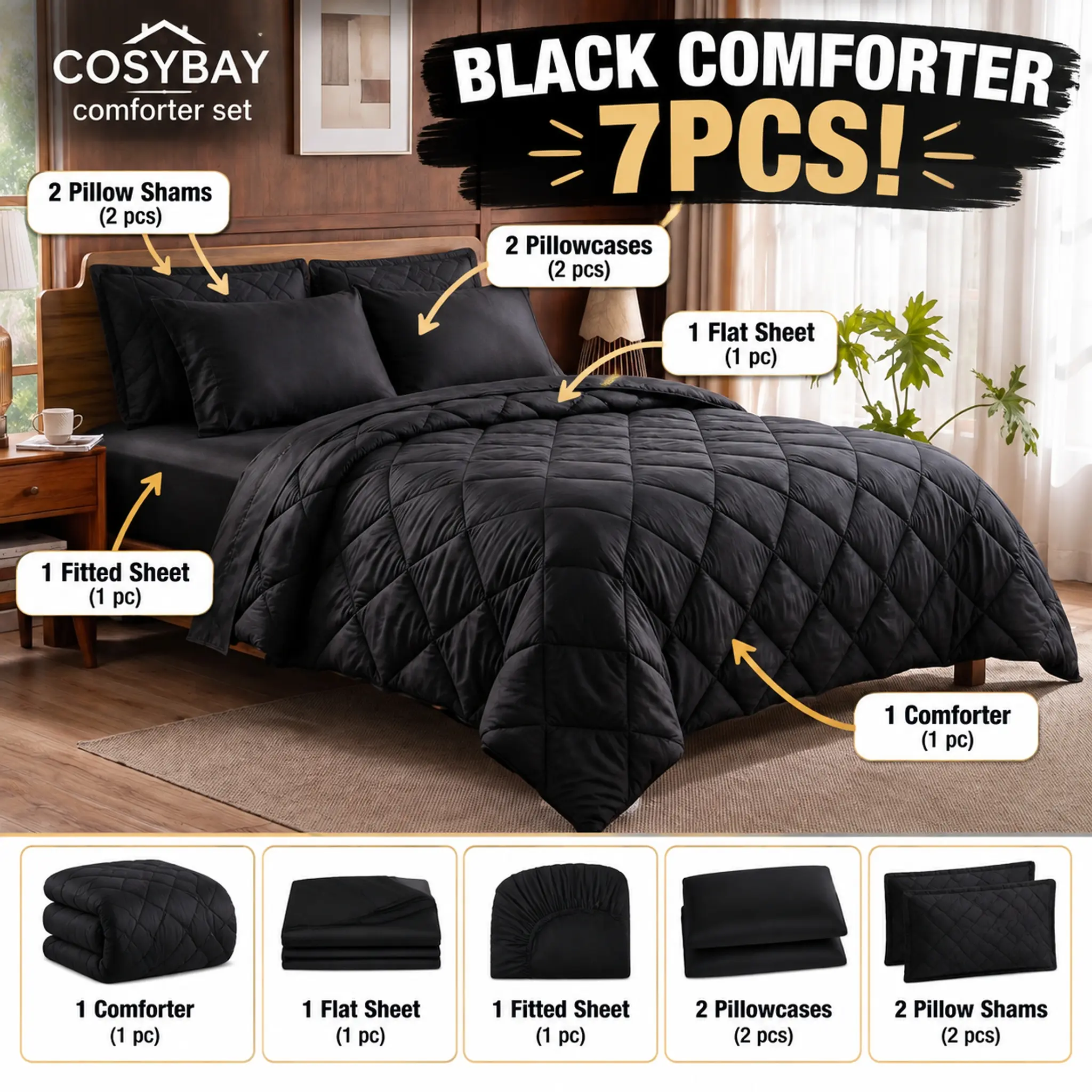Reversible Comforter Set (Full/Queen/King Size,Multicolored),7-Piece luxury dark christmas bedding: Comforter,Fitted Sheet,Flat sheet,Pillowcases,Pillow Shams, Premium Quality, Warmth Extra Double-Stuffed,Temperature-Balancing,Washable,Christmas gifts,fam