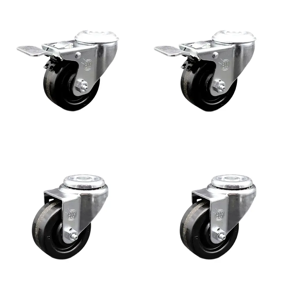 Service Caster SCC-SSBHTTL20S3514-PHS-2-S-2 Heavy Duty Stainless Steel Phenolic Swivel Bolt Hole Caster Set (4-Pack), 3.5x1.25 in. Black Lockable Wheels, Furniture Moving Wheel