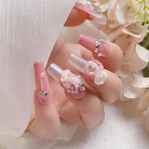 Floral Decor Handmade Press on Nails, 10pcs Extra Long Square Fake Nail with Nail File & Jelly Glue, DIY Elegant Luxury Design Fake Nail for Women and Girls