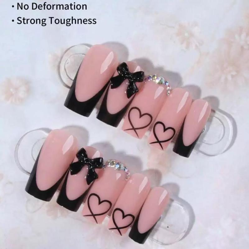 Medium Coffin Press On Nails Black French Tip with Bow and Heart Charms 24 Pcs Fake Nails for Women