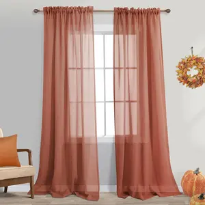 Terracotta Boho Sheer Fall Curtains for Living Room,Rustic Farmhouse Vintage Linen Look Rust Colored Western Curtains for Bedroom 84 Inches Long 2 Panels Set