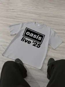 Oasis Letter Print T-Shirt, Summer Comfortable Breathable Trendy Short Sleeve Tee, Casual Fitted Style, Moderate Fabric Thickness