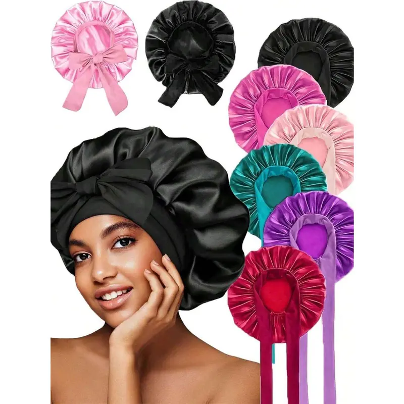 Women's Adjustable Tie Silk Bonnet - Silky, Smooth, Elastic Haircare Sleeping Bonnet for Natural Curly Hair - Black - TikTokShopBlackFriday