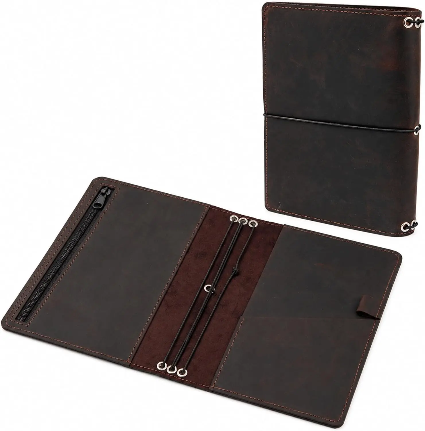 Leather Notebook Cover A5, Holds 3 Notebooks, Refillable Journal Holder | Full-grain leather, 3 bands, zipped pocket, pen loop, European made, fits 5.8 x 8.3 in inserts, inserts not included