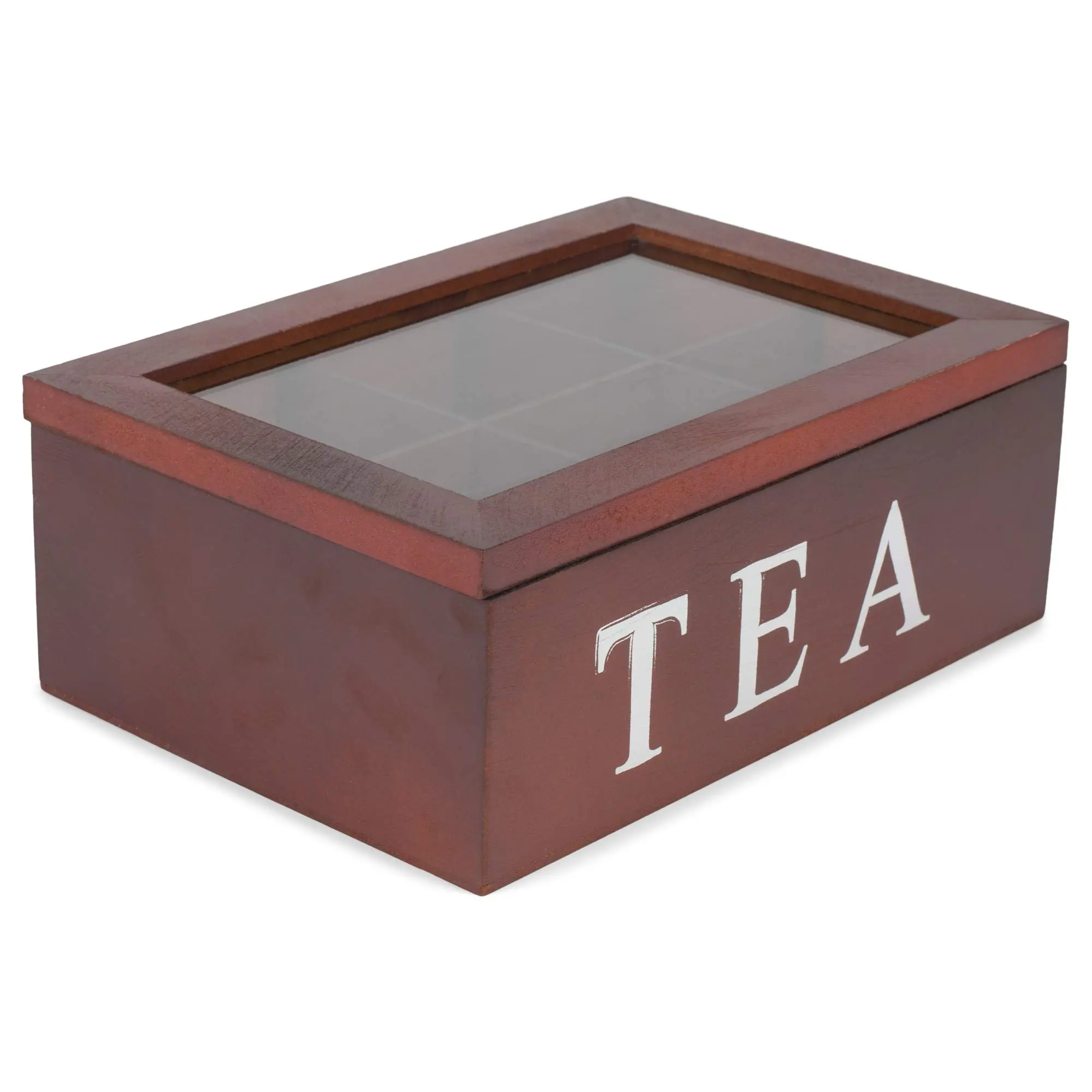 Window Display Wooden Tea Chest 6 Compartment - Vintage Rustic Tea Storage Box with Glass Lid, Farmhouse Style Wood Organizer for Tea Bags, Coffee Pods & Kitchen Countertop, Decorative Display Case for Home & Café