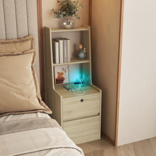 Bellemave Smart Nightstand with Charging Station, Voice-Controlled Night Light, Bookshelf, Storage Cabinet, White, W15.74*D15.74*H41.14, 7 Light Colors, 1 AC Outlet, 2 USB Ports