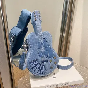 Niche Unique Denim Guitar‑Shaped Crossbody Bag | Trendy Hot Girl Shoulder Purse, Creative Viral Designer Women’s Handbag, Stylish Versatile Accessory for Streetwear Night Out Shopping Casual Daily Occasions outdoorfun