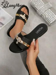 Langmoon 2026 Luxurious Sparkle Saturn Metal Decor Sandals, PU Leather, Slip-On Design, Comfortable & Durable, Perfect for Spring Summer