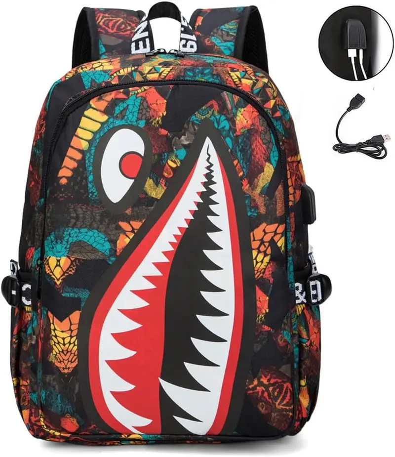 Shark Teens Backpacks Fashion Schoolbag Casual Waterproof Travel USB Laptop Backpack 17inch
