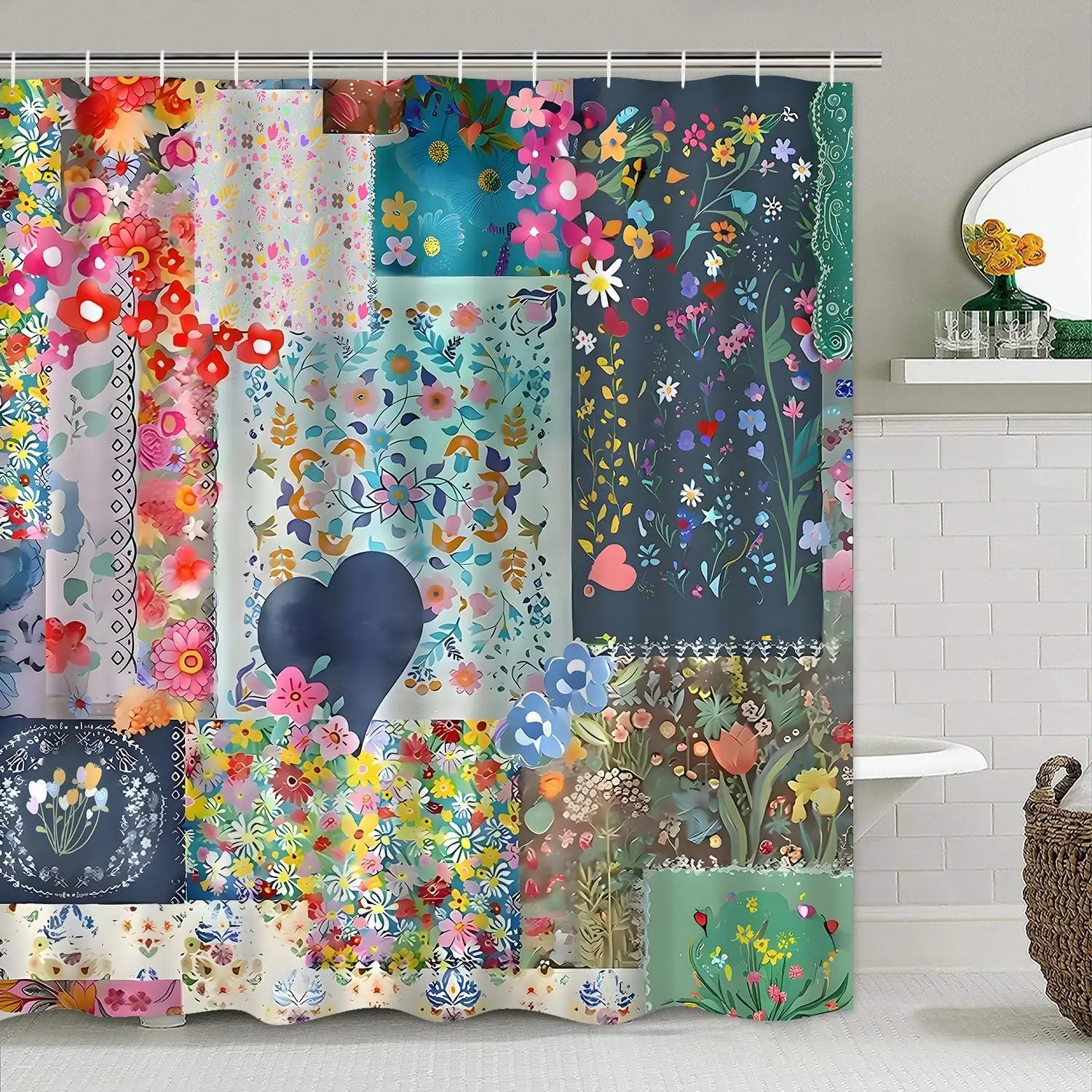 Boho Floral Decorative Shower Curtain Set, 1/4 Piece Bohemian Wildflower Design, Bathroom Rug & Hook Included, Casual Style for Home Decor, Shower Essentials, Shower Curtain Rod, Bathroom Decoration Accessories